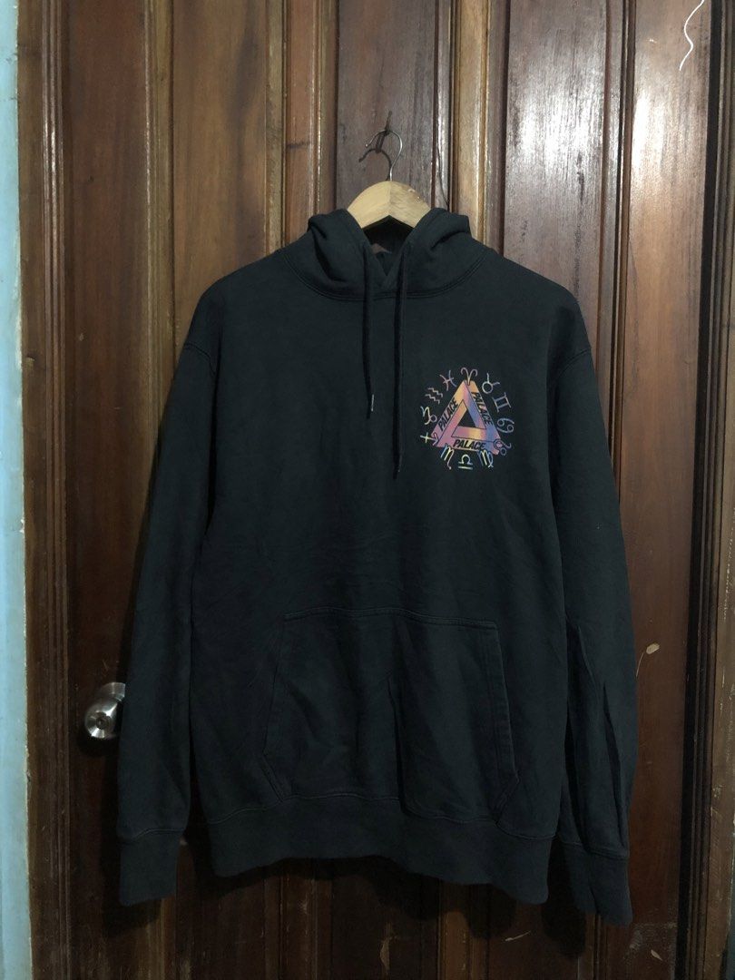 Palace Zodigac Hood Black (Category: Coats, Jackets and Outerwear) located in Quezon City. Submitted by yeahsource222 (Listing ID 1465947337, Image 1). Description: - Brand: Palace - Item: Zodigac Hood - Color: Black - Size: Medium - Material: 100% cotton - Design: Large zodiac wheel graphic on back, small tri-ferg logo on front chest - Features: Kangaroo pocket, drawstring hood, ribbed cuffs and hem - Condition: Slight wear from regular use, ple