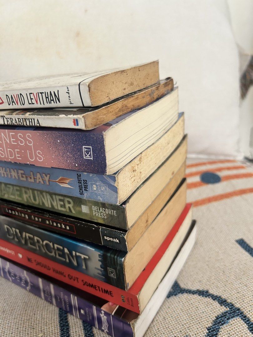 Paperback Books Bundle (9 Books) (Category: Storybooks) located in Manila. Submitted by quinfeisty (Listing ID 1465770859, Image 2). Description: - Bundle of 9 popular paperbacks - Includes: The Lover's Dictionary, Bridge to Terabithia, Mockingjay, The Maze Runner, Looking for Alaska, Divergent, We Should Hang Out Sometime, The Darkness Outside Us, and Off the Page RFS: moving out / decluttering.
