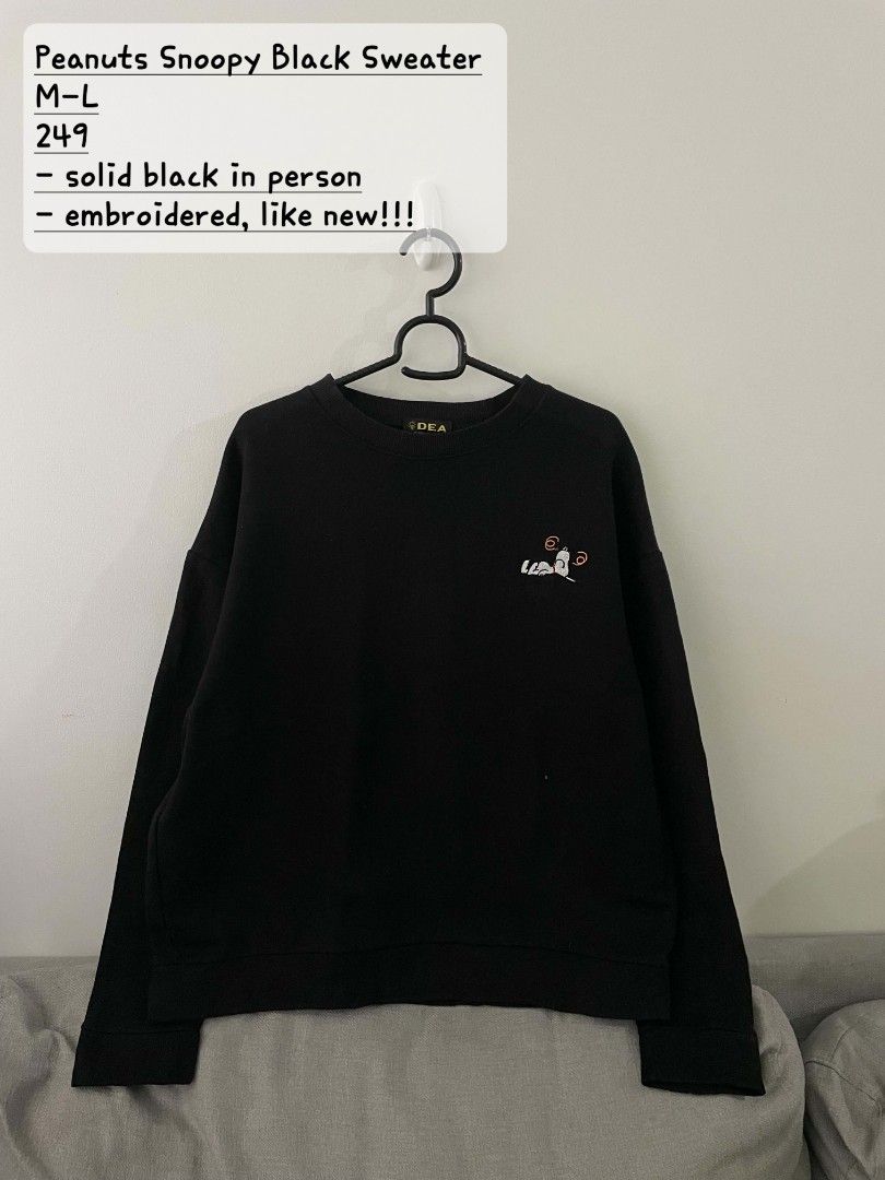 Peanuts Snoopy Black Sweater (Category: Coats, Jackets and Outerwear) located in Quezon City. Submitted by mariaplusmoshi (Listing ID 1465760302, Image 1). Description: deets alr posted 📍Ever, Commonwealth, Q.C MOP: Gcash Lalamove/J&T.