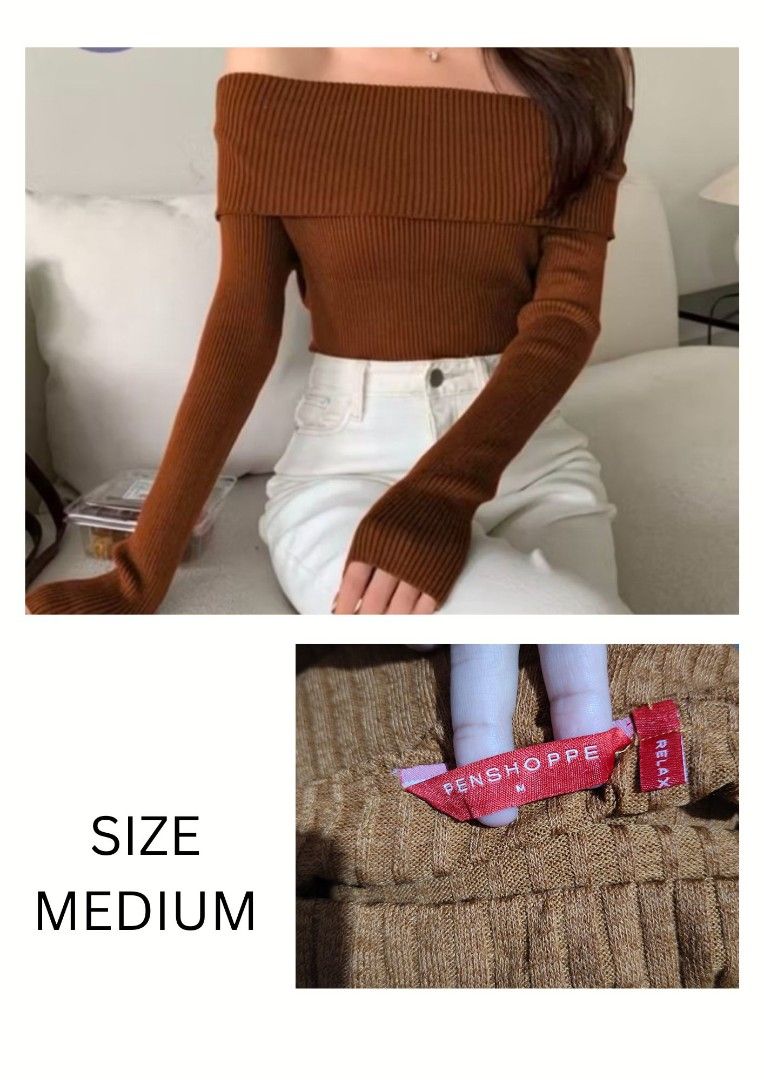 Penshoppe Brown Off-Shoulder Ribbed Top Size Medium (Category: Longsleeves) located in Caloocan City. Submitted by Geline (Listing ID 1465913126, Image 1). Description: ‼️SALE ORIGINAL‼️ ‼️SALE ORIGINAL‼️ 📌Prices and sizes nasa caption ng picture 📌Personal clothes, alaga, pwede sa maarte 📌On hand 📌Color may appear darker/lighter in actual due to lighting 📌Any loss or damages during shipment is no longer the seller's responsibility ‼️ Strictl