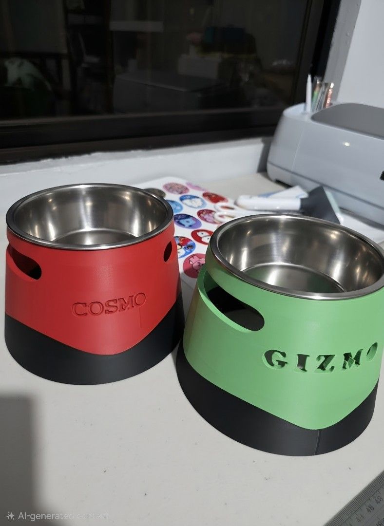 Pet bowl stand/riser (Category: Homes & Other Pet Accessories) located in Quezon City. Submitted by cottoncandyqc (Listing ID 1465926926, Image 2). Description: - Custom 3D printed pet bowl stand ideal for cats and small dogs - Colors available upon request - Heavy-duty black base prevents tipping and sliding during meal times - bowls lifts out easily for cleaning (not included) - Standard size designed to fit most dish and bowls Personalize with