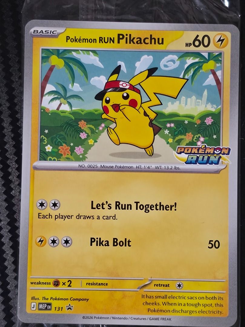 Pikachu (Category: Raw Singles) located in Makati City. Submitted by riomaui (Listing ID 1465934645, Image 1). Description: Sealed in original pack, Pokémon RUN promo, English. Rarity: Promo. TCG MEP EN 131.