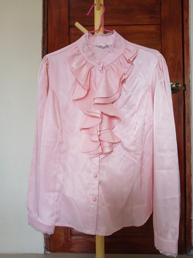 Pink Button-Down Long-Sleeved | High Ruffled Collar and a Cascading Front Ruffle Trim (Category: Longsleeves) located in Angadanan. Submitted by thriftby.cla (Listing ID 1465872425, Image 1). Description: MEDIDA SIZING!!! Size: XL | 44 bust ~•~ 📍Angadanan, Isabela | Luzon Area.