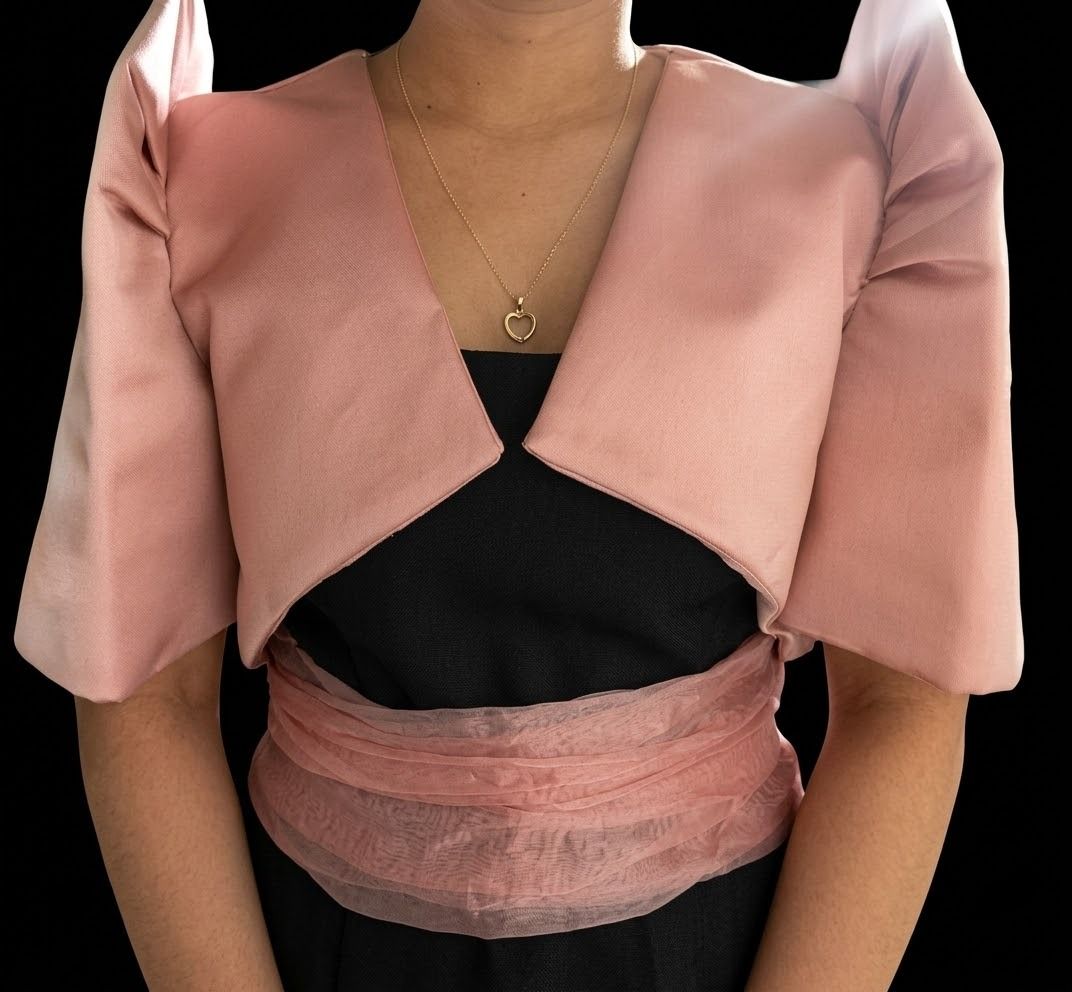 Pink Filipiniana with Sash (Category: Coats, Jackets and Outerwear) located in Mandaluyong City. Submitted by meri_clothing (Listing ID 1465949441, Image 1). Description: - Traditional Filipiniana cropped bolero jacket in pastel pink - Features structured butterfly sleeves and an open front design - Includes a matching sheer sash - Ideal for formal events, weddings, and cultural gatherings - Clean fabric with shoulders that hold their shape well 