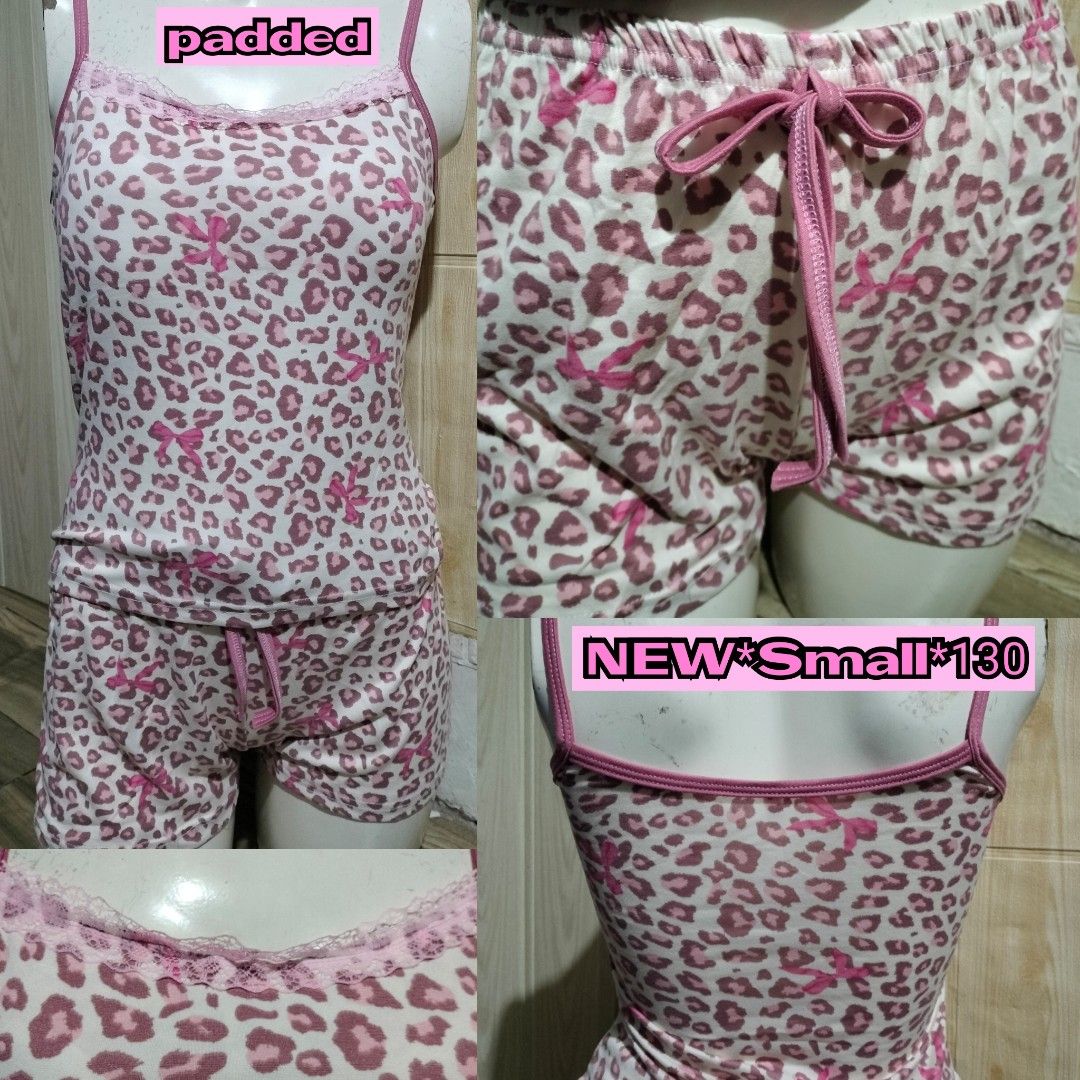 Pink leopard print padded cami Terno set (Category: Undergarments & Loungewear) located in Pateros City. Submitted by GandakaHandpick2.0 (Listing ID 1465882667, Image 1). Description: - Size: Small - Design: Pink leopard print with cute scattered bows and lace trim - Top: Features built-in padding for extra comfort and support - Bottoms: Elastic waistband with a functional drawstring tie - Material: Soft and comfortable fabric, perfect for loungi