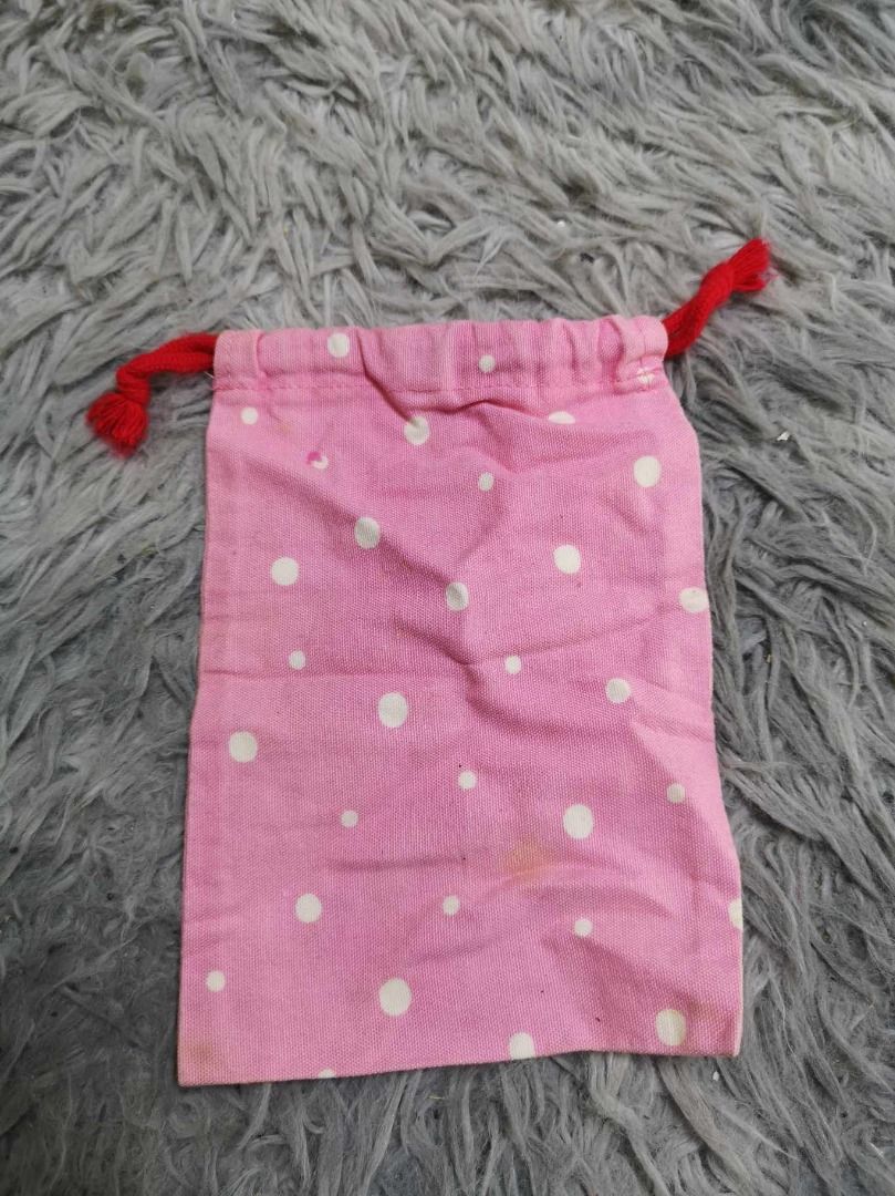 Pink Polka Dotted With Red String Pouch (Category: Purses & Pouches) located in Santa Cruz. Submitted by jmy_surplus.2 (Listing ID 1465895034, Image 1). Description: Size ; L - 7.2 W - 5.3 Color ; Pink Type ; Pouch Brand ; No brand Material ; Nylon Style ; Pink Drawstring Pouch LR 129 JMY 5 Batch #224.