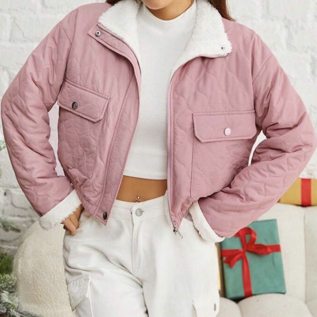 Pink Quilted Sherpa Collar Cropped Jacket (Category: Coats, Jackets and Outerwear) located in Quezon City. Submitted by elicadiaz33905 (Listing ID 1465781916, Image 3). Description: - CAN FIT XS-M - Fit for travel, everyday, winter, or cold weather - Color: Pink quilted with fluffy white sherpa lining on collar and cuffs - Closure: Zip-up front with two functional chest pockets - Fit: Cropped length, pairs perfectly with high-waisted pants - Comf