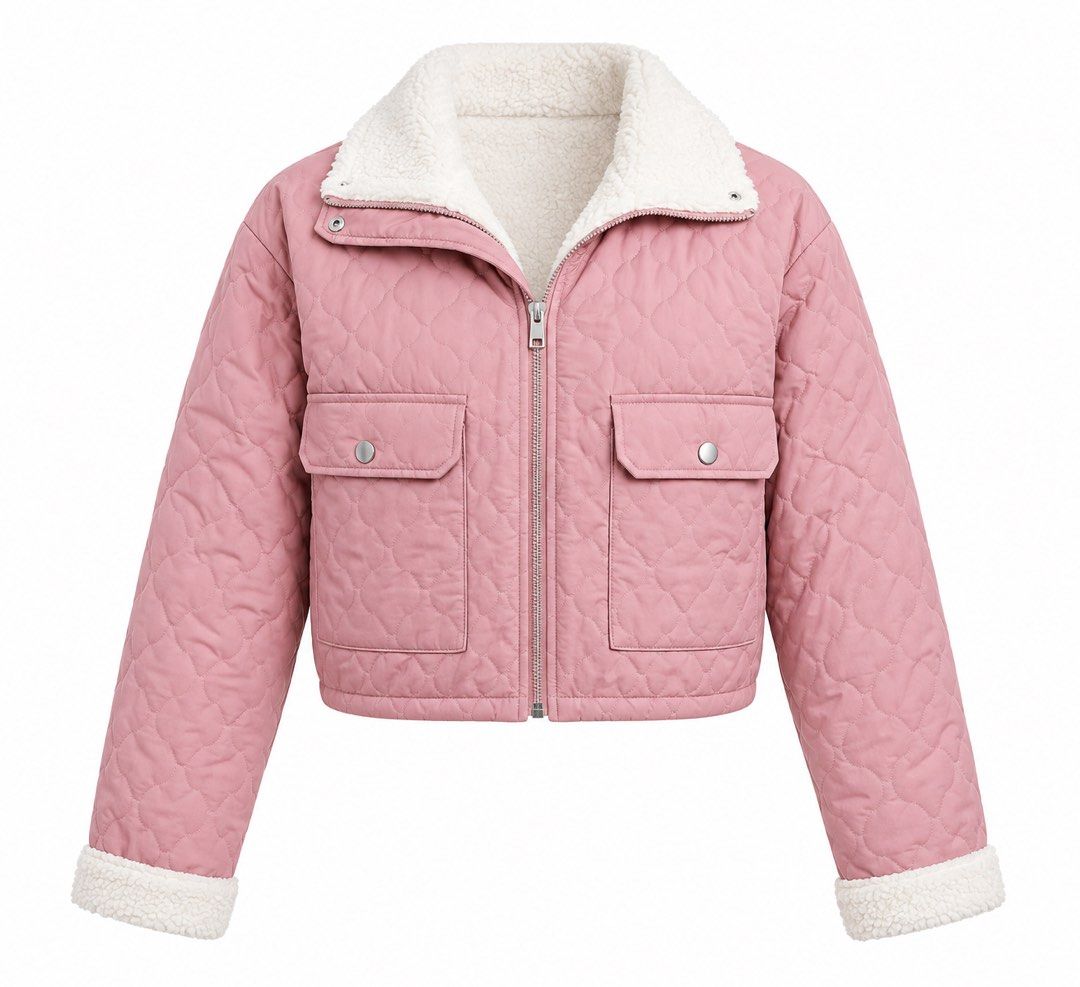 Pink Quilted Sherpa Collar Cropped Jacket (Category: Coats, Jackets and Outerwear) located in Quezon City. Submitted by elicadiaz33905 (Listing ID 1465781916, Image 1). Description: - CAN FIT XS-M - Fit for travel, everyday, winter, or cold weather - Color: Pink quilted with fluffy white sherpa lining on collar and cuffs - Closure: Zip-up front with two functional chest pockets - Fit: Cropped length, pairs perfectly with high-waisted pants - Comf