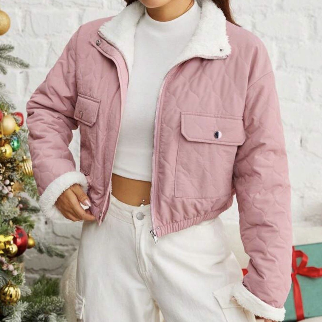 Pink Quilted Sherpa Collar Cropped Jacket (Category: Coats, Jackets and Outerwear) located in Quezon City. Submitted by elicadiaz33905 (Listing ID 1465781916, Image 2). Description: - CAN FIT XS-M - Fit for travel, everyday, winter, or cold weather - Color: Pink quilted with fluffy white sherpa lining on collar and cuffs - Closure: Zip-up front with two functional chest pockets - Fit: Cropped length, pairs perfectly with high-waisted pants - Comf