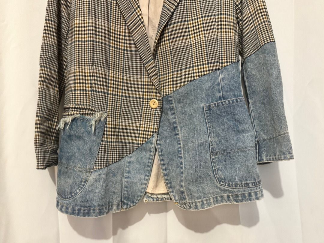 Plaid and Denim Patchwork Casual Blazer Jacket | Fits M to L (Category: Coats, Jackets and Outerwear) located in Makati City. Submitted by autumn.latte (Listing ID 1465894120, Image 3). Description: ♡ Perfect for chilly office/school days or chic airport layer - Unique patchwork design combining classic plaid and light wash denim - Single-button front closure with classic notched lapels - Trendy frayed-edge details on the front pockets - Perfect 