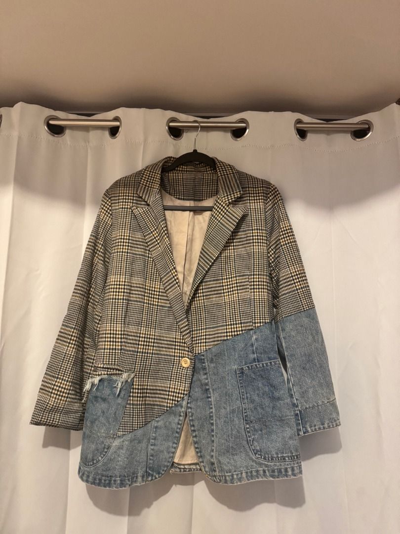 Plaid and Denim Patchwork Casual Blazer Jacket | Fits M to L (Category: Coats, Jackets and Outerwear) located in Makati City. Submitted by autumn.latte (Listing ID 1465894120, Image 1). Description: ♡ Perfect for chilly office/school days or chic airport layer - Unique patchwork design combining classic plaid and light wash denim - Single-button front closure with classic notched lapels - Trendy frayed-edge details on the front pockets - Perfect 