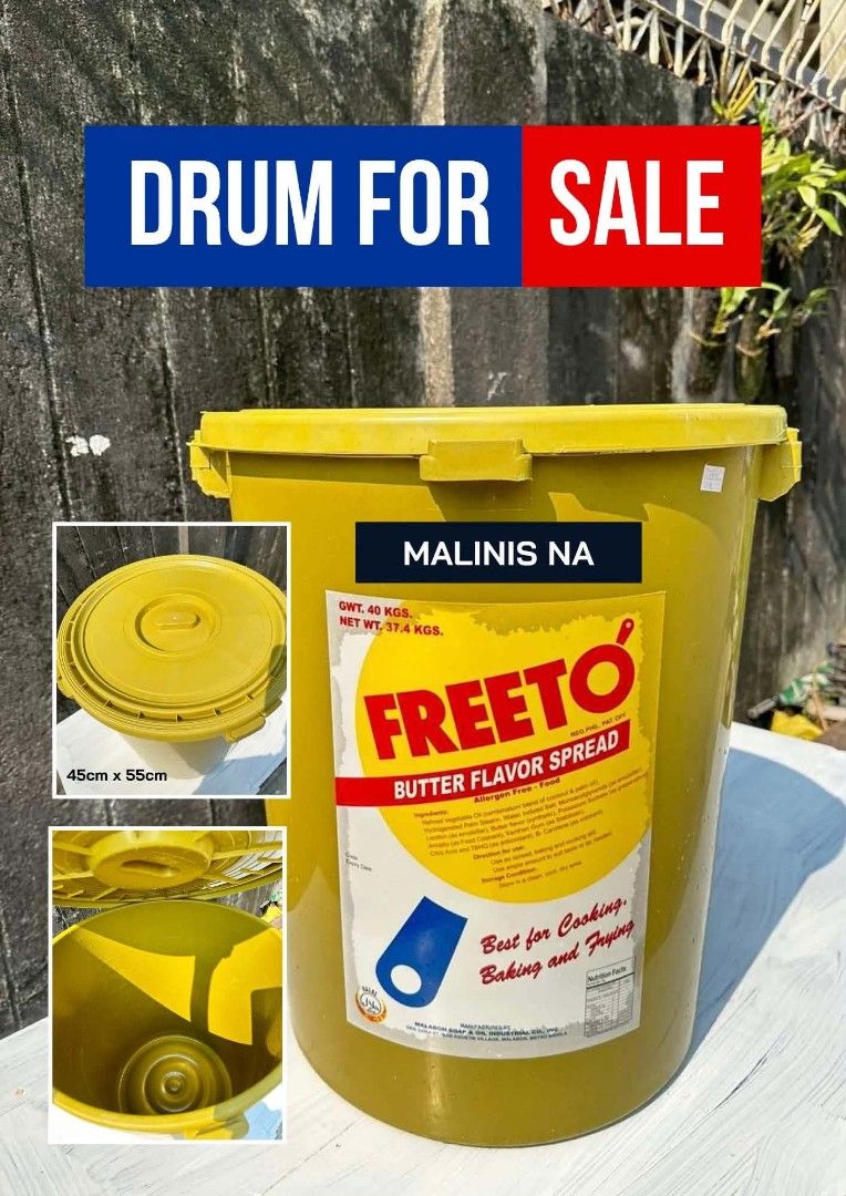 Plastic Drum Container (Category: Food Organization & Storage) located in Caloocan City. Submitted by ruthaguila91340 (Listing ID 1465843660, Image 1). Description: - Item: Plastic Drum - Capacity: 40 kilos gross / 37.4 kilos net weight - Size: 45cm x 55cm - Features: Secure lid and sturdy side handles - Condition: Clean interior, previously used for food ingredients - Best Uses: Storage, bulk food prep, water containment, or DIY workshop project