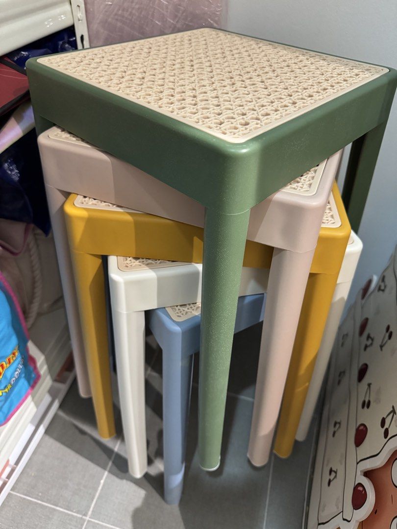 plastic stackable home stool (Category: Chairs) located in Singapore. Submitted by ahjiin (Listing ID 1465853603, Image 1). Description: Take all 5 chairs for $10. Self collect only. .