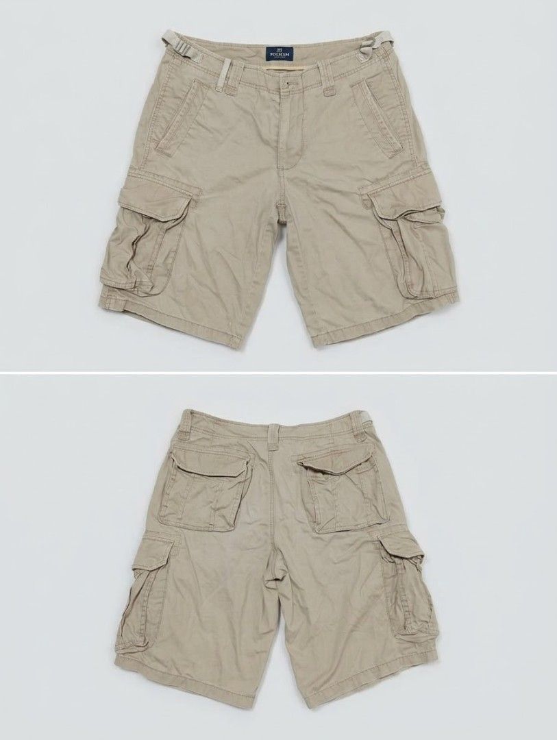 Polham Khaki Cargo Shorts (Category: Shorts) located in Caloocan City. Submitted by silverdragon_aaed38 (Listing ID 1465904289, Image 1). Description: - Brand: Polham - Color: Khaki (neutral earth tone) - Size W 17 L 20 - Material: Heavy, durable cotton fabric - Features: Multiple side and back storage pockets - Fit: Includes belt loops and adjustable waist tabs - Style: Versatile for casual everyday wear 850+sf.