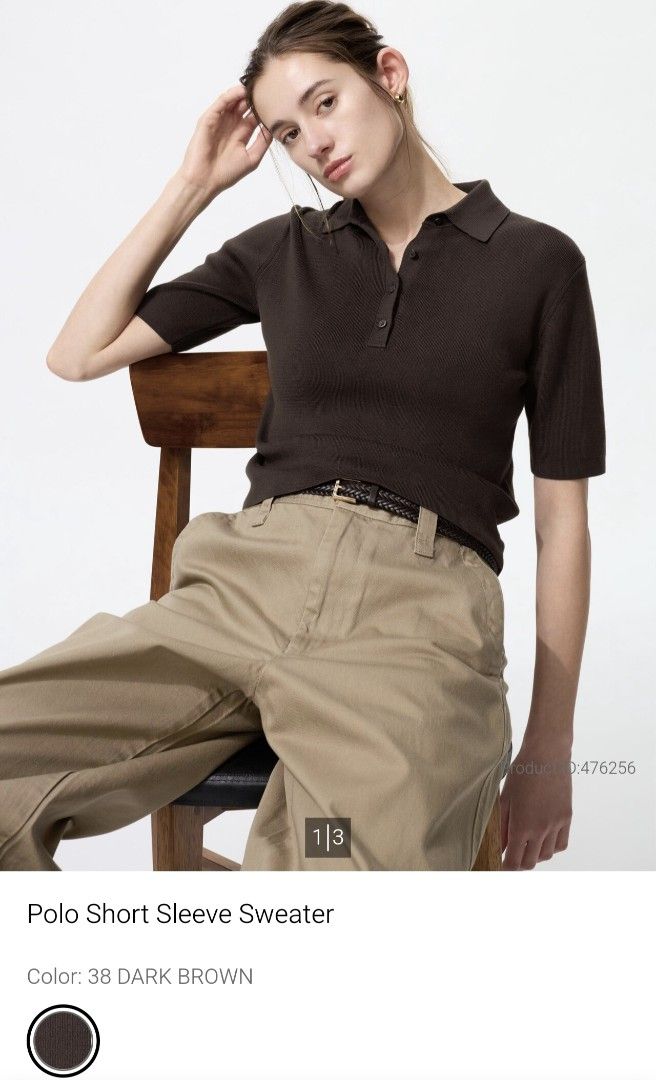 Polo Short Sleeve Sweater Dark Brown (Category: Shirts) located in San Juan City. Submitted by jenneths (Listing ID 1465764985, Image 1). Description: - Color: Dark brown - Style: Short sleeve polo sweater with classic collar and button placket - Details: Ribbed cuffs and hem - Material: Comfortable, high-quality knit fabric - Versatility: Great for transitional weather; easy to pair with high-waisted trousers or jeans.