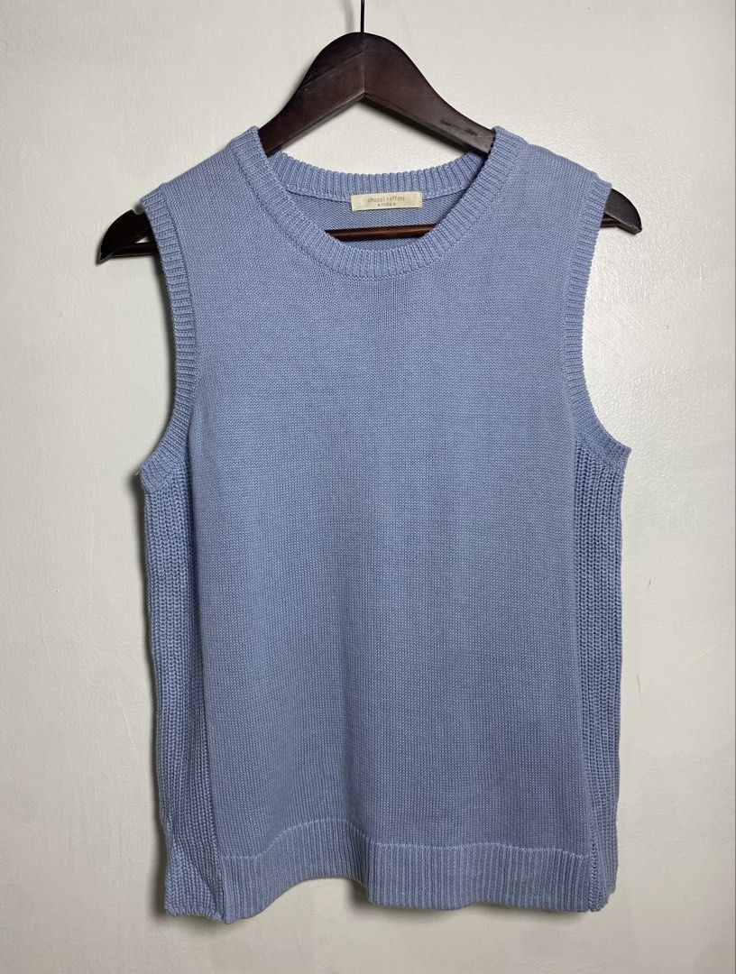 Powder blue knit vest (Category: Others Tops) located in Makati City. Submitted by indaysukaycloset (Listing ID 1465844264, Image 1). Description: POWDER BLUE KNIT VEST Brand: chocol raffine a robe (Japan Brand) Size: F / Free Size - Fits S-M Color: Sax Blue / Powder Blue / Light Blue Details: - W-16.5 L-23 (laid flat, in inches) - Round neck sleeveless knit vest - Side panels in garter / waffle knit detail - Ribbed neckline, armhole & hem - Mate