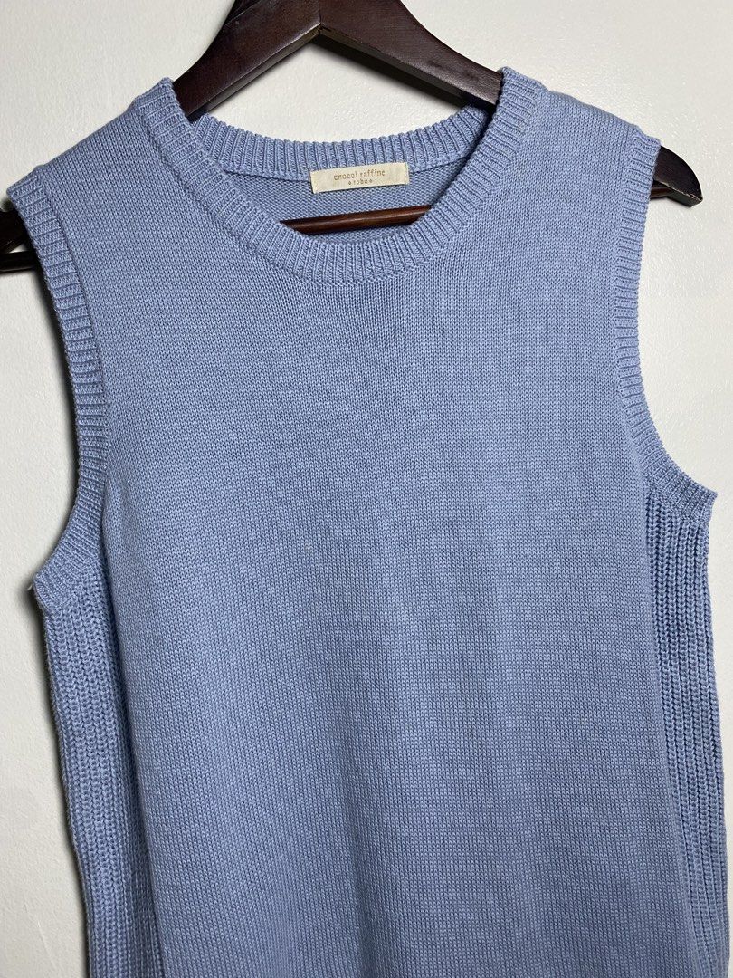 Powder blue knit vest (Category: Others Tops) located in Makati City. Submitted by indaysukaycloset (Listing ID 1465844264, Image 2). Description: POWDER BLUE KNIT VEST Brand: chocol raffine a robe (Japan Brand) Size: F / Free Size - Fits S-M Color: Sax Blue / Powder Blue / Light Blue Details: - W-16.5 L-23 (laid flat, in inches) - Round neck sleeveless knit vest - Side panels in garter / waffle knit detail - Ribbed neckline, armhole & hem - Mate