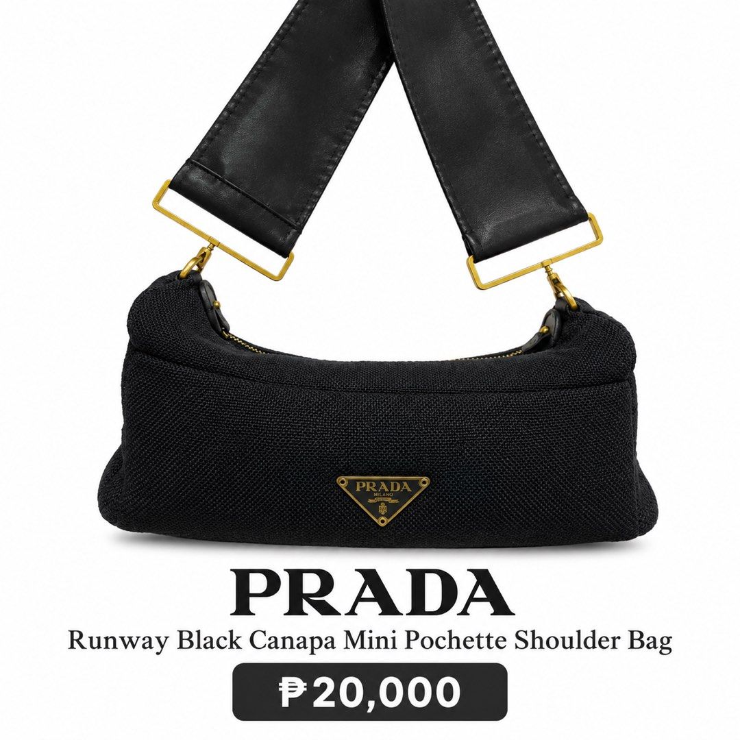 PRADA Runway Black Canapa Mini Pochette Shoulder Bag (Category: Luxury Bags & Wallets) located in Manila. Submitted by doreal (Listing ID 1465945566, Image 1). Description: - Authentic Prada runway mini pochette shoulder bag in black canapa - Durable textured fabric body with luxurious gold-tone hardware - Chic and thick black strap for comfortable wear - Iconic triangular Prada logo plaque centered on the front - Secure zip-top closure to keep y