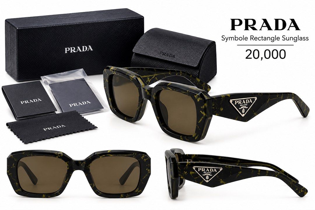 PRADA Symbole Rectangle Sunglasses (Category: Sunglasses & Eyewear) located in Manila. Submitted by doreal (Listing ID 1465946210, Image 1). Description: - Brand: PRADA - Model: Symbole Rectangle Sunglasses - Colorway: Striking black and yellow marbled pattern - Lenses: Brown tinted - Details: Iconic triangular Prada logo plaque on temples - Inclusion: Full set (original hard case, outer textured box, dust cloth, and official paperwork in plastic