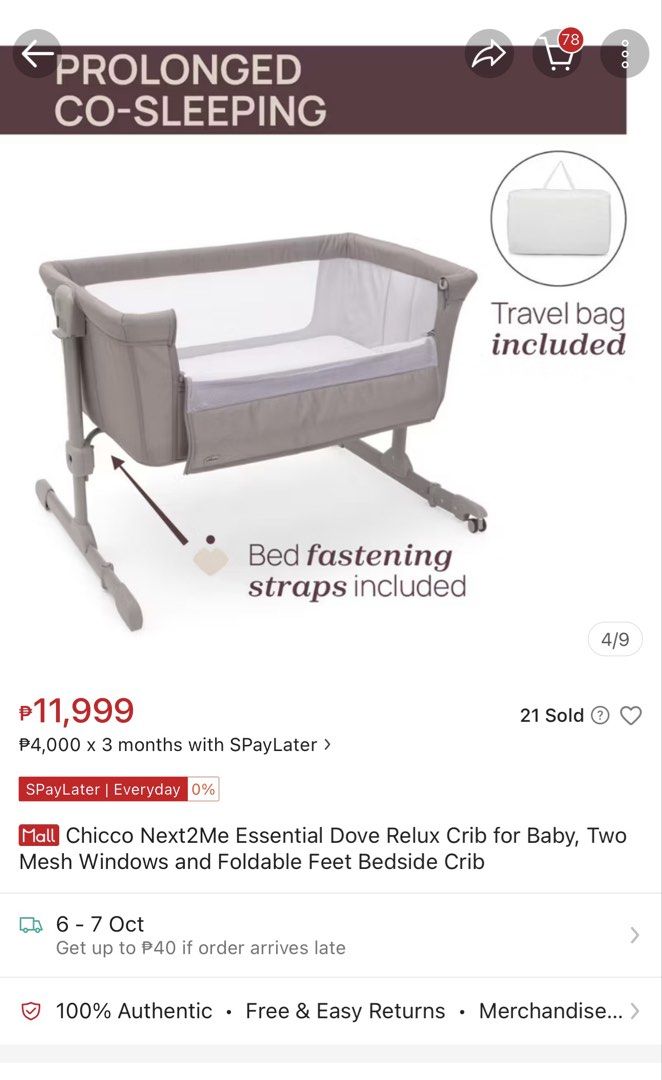 Pre loved Chicco Next2Me Essential Dove Relux Bedside Crib (Category: Cots & Cribs) located in Manila. Submitted by danana05 (Listing ID 1465769059, Image 1). Description: - Brand: Chicco Next2Me Essential - Color: Dove Grey (Clean and neutral) - Breathability: Dual mesh windows for maximum airflow - Co-Sleeping: Safe for prolonged use next to the adult bed - Adjustability: Foldable feet for easy bed clearance - Inclusions: Bed fastening straps a