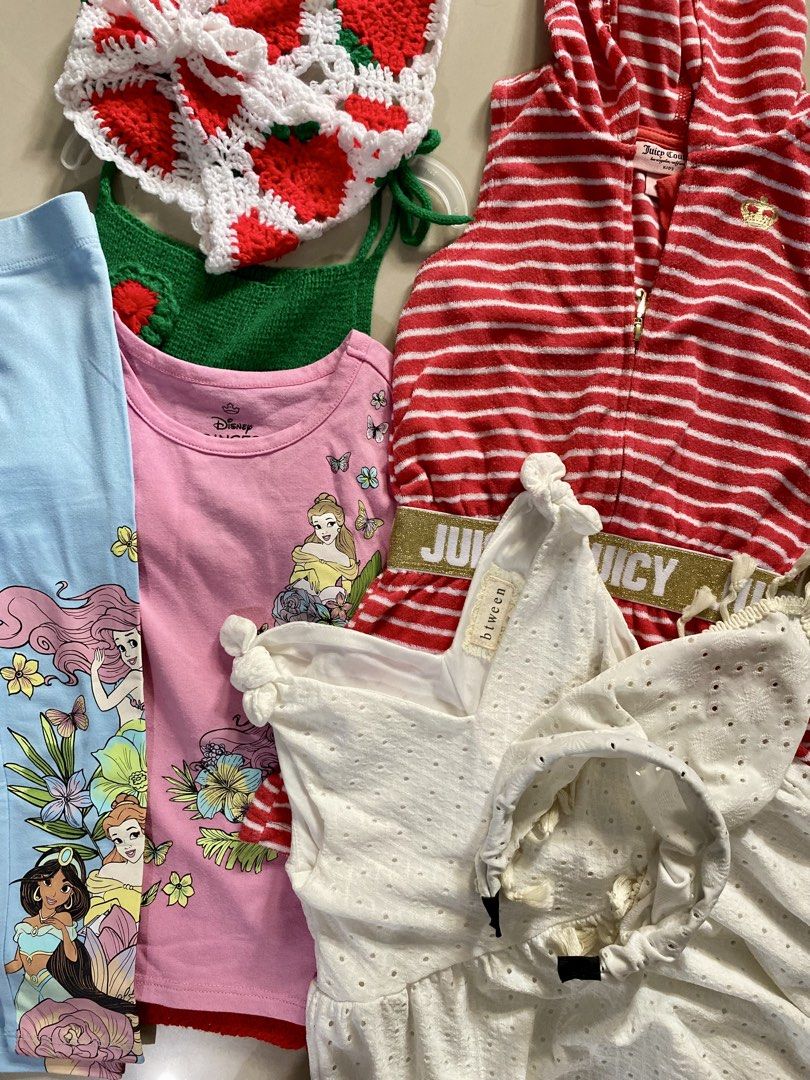 Premium Branded OOTD Sets for 4T (Category: Babies & Kids Fashion) located in Paranaque City. Submitted by mythingsmatterph (Listing ID 1465774701, Image 1). Description: Used once only for photoshoots! Red striped Juicy Couture romper White Btween eyelet embroidered dress with headband Disney Princess printed blouse and leggings set Hand-made crochet strawberry/watermelon dress with hair scarf.
