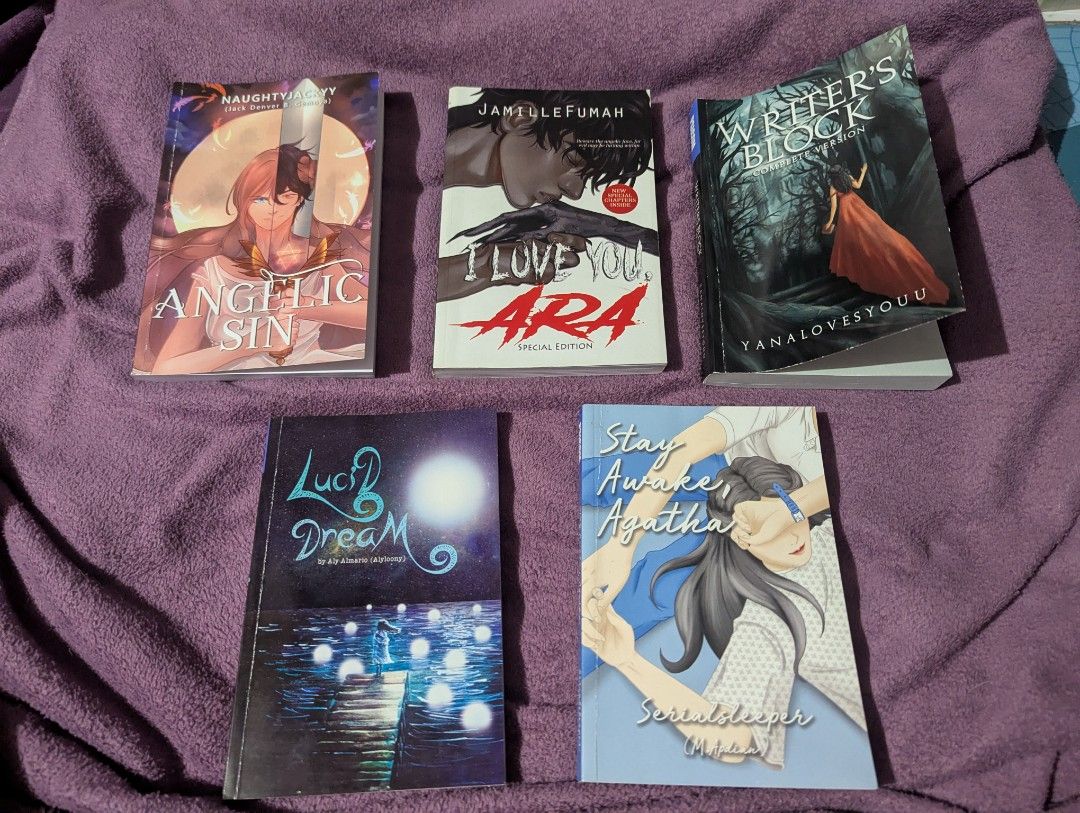 Psicom Pop Fiction Novel Book Bundle (Category: Storybooks) located in Manila. Submitted by larissa_16 (Listing ID 1465834908, Image 2). Description: Preloved!! Most are bnew TAKE ALL: 500 Kissing in the rain & my ghost bf - 80 🎀 i love you ara - 250 (orig price 325) SOLD 🎀 angelic sin - 150 (orig price 195) 🎀 lucid dream - 115 (orig price 150]) 🎀 stay awake agatha - 120 orig price (170) 🎀 writer's block - 245 (orig price 275).