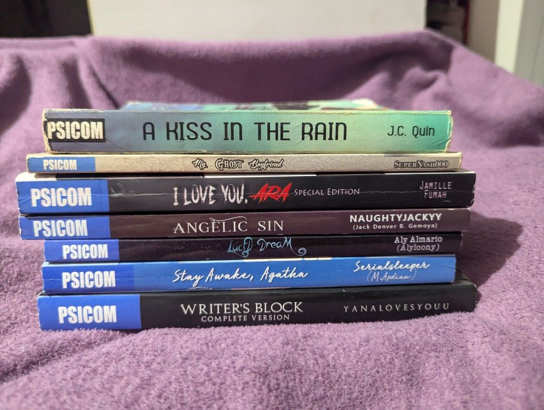 Psicom Pop Fiction Novel Book Bundle (Category: Storybooks) located in Manila. Submitted by larissa_16 (Listing ID 1465834908, Image 1). Description: Preloved!! Most are bnew TAKE ALL: 500 Kissing in the rain & my ghost bf - 80 🎀 i love you ara - 250 (orig price 325) SOLD 🎀 angelic sin - 150 (orig price 195) 🎀 lucid dream - 115 (orig price 150]) 🎀 stay awake agatha - 120 orig price (170) 🎀 writer's block - 245 (orig price 275).
