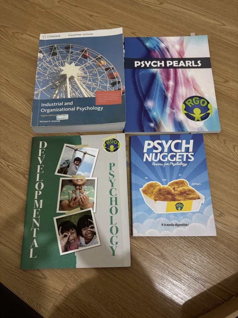 Psychology Textbooks and Reviewers Bundle (Category: Textbooks) located in Pateros City. Submitted by chaneko (Listing ID 1465911475, Image 1). Description: - Set of 4 essential psychology books - Includes: Industrial and Organizational Psychology (8th Ed) by Michael G. Aamodt, Psych Pearls, Psych Nuggets review book, and Developmental Psychology - Ideal reference for psychology majors and board exam reviewees - Strictly sold as a bundle.