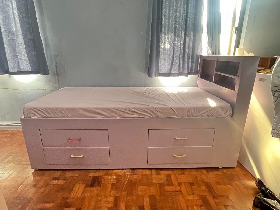 Purple Bed (Category: Bed Frames & Mattresses) located in Taguig. Submitted by erinsotto (Listing ID 1465827986, Image 1). Description: Custom made with 4 drawers head board: height 43 and a half bed height: 22inches length: 81 inches.
