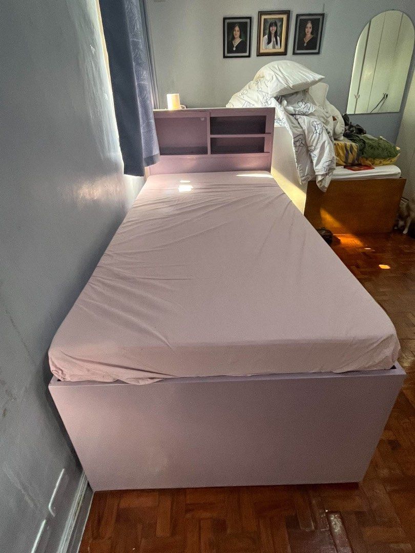 Purple Bed (Category: Bed Frames & Mattresses) located in Taguig. Submitted by erinsotto (Listing ID 1465827986, Image 3). Description: Custom made with 4 drawers head board: height 43 and a half bed height: 22inches length: 81 inches.