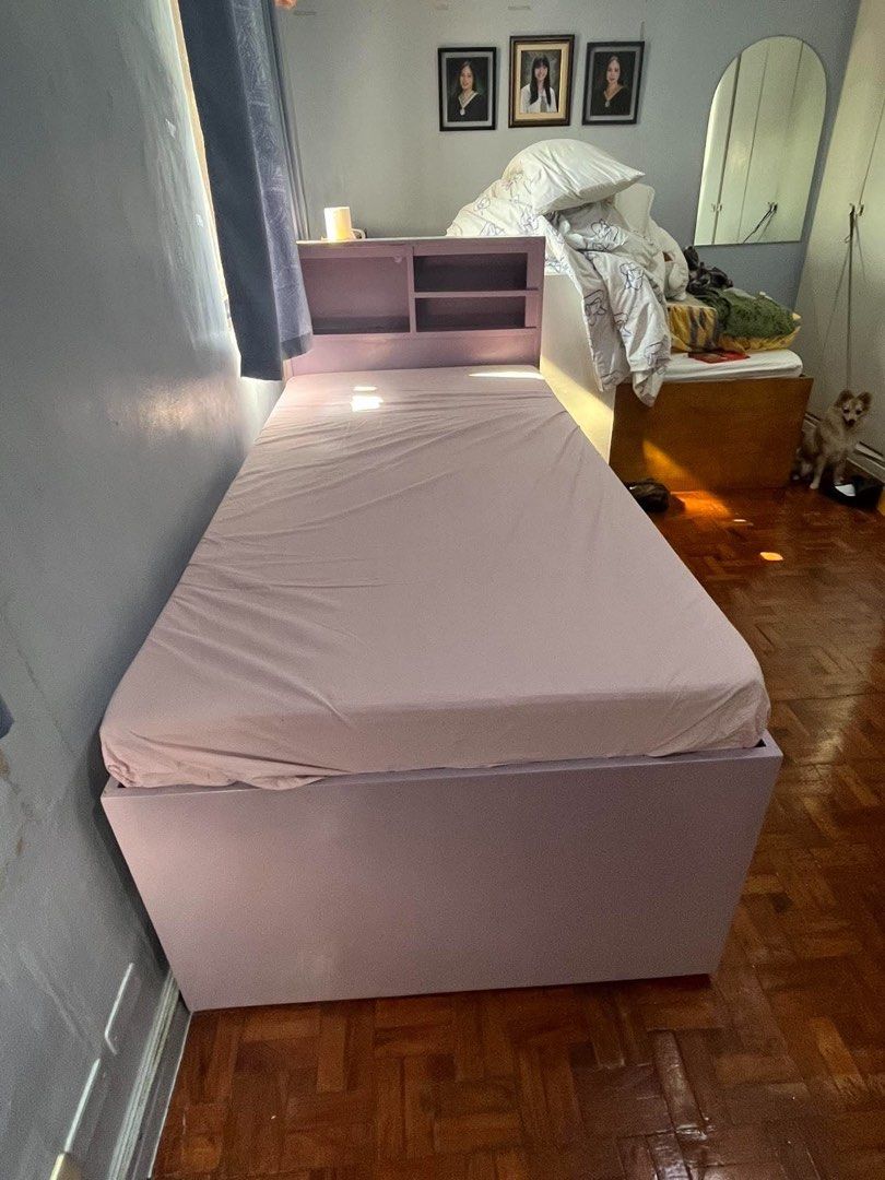 Purple Bed (Category: Bed Frames & Mattresses) located in Taguig. Submitted by erinsotto (Listing ID 1465827986, Image 2). Description: Custom made with 4 drawers head board: height 43 and a half bed height: 22inches length: 81 inches.