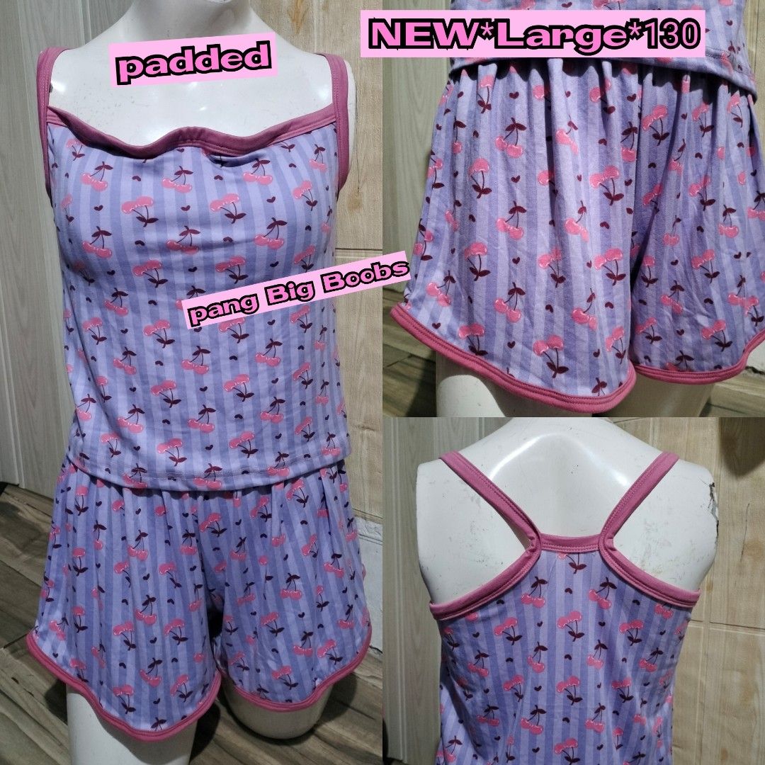 Purple Cherry Print Padded Terno Set Large 130 (Category: Undergarments & Loungewear) located in Pateros City. Submitted by GandakaHandpick2.0 (Listing ID 1465882428, Image 1). Description: - Design: Purple and blue stripes with an all-over pink cherry print - Top: Built-in padding tailored for larger busts with pink racerback trim - Bottoms: Matching shorts with a comfy elastic waistband and pink piping at the hem - Material: Soft, breathable fa