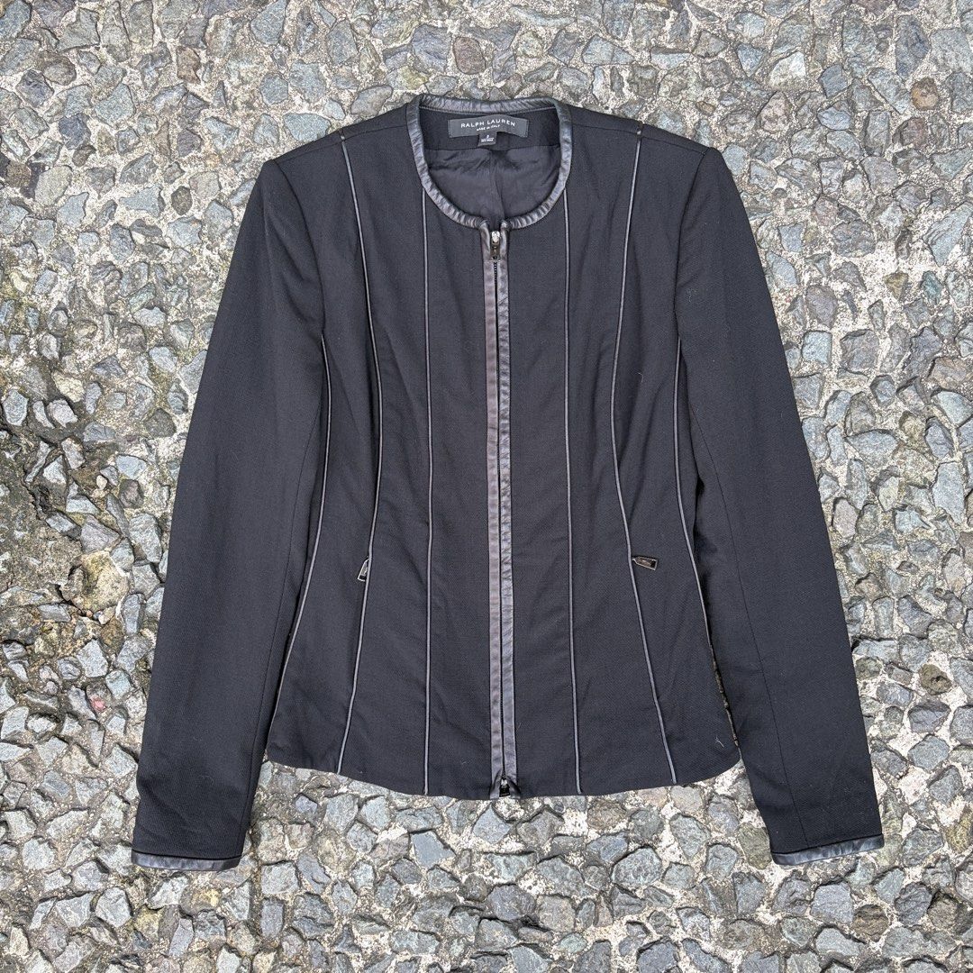 Ralph Lauren Black Label Wool Zip Front Lamb Leather Trim Jacket (Category: Coats, Jackets and Outerwear) located in Manila. Submitted by stablesource (Listing ID 1465783551, Image 1). Description: Ralph Lauren Black Label Wool Zip Front Lamb Leather Trim Jacket Size 2 Dimension: 16 Width 23 Length Needwash Kindly Check All Details Before Purchase🤝.
