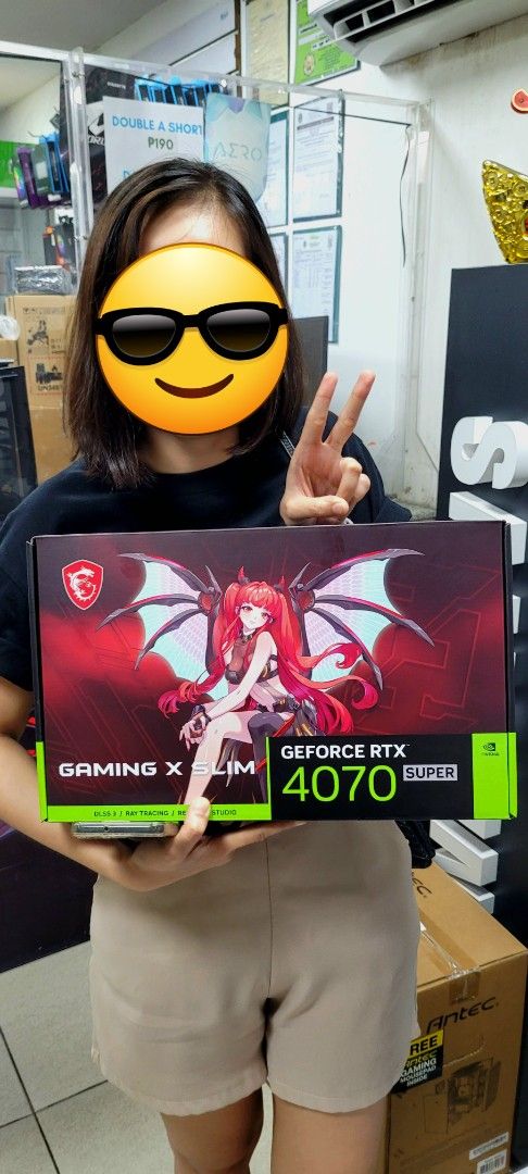 RARE MSI GeForce RTX 4070 SUPER Gaming X Slim MLG (Category: Computer Parts) located in Manila. Submitted by fivestarman (Listing ID 1465951945, Image 2). Description: - Model: MSI GeForce RTX 4070 SUPER Gaming X Slim MLG - Cooling: Triple fan setup in sleek black with MSI waifu character backplate design (never actually used, doesnt fit with ITX mobo) - Condition: Clean unit, fully tested, and working properly - Inclusions: Original retail box i