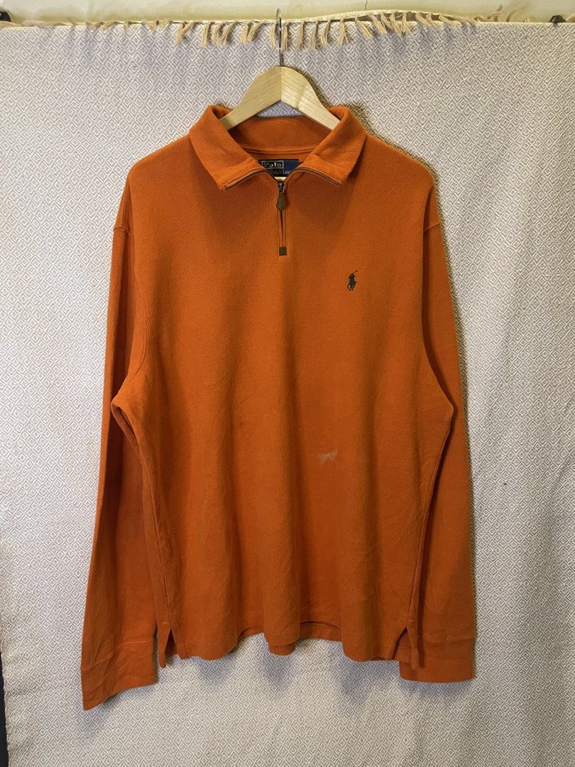 Rare orrange ralph lauren quarter zip (Category: Tshirts & Polo Shirts ) located in Manila. Submitted by hypestock_mnl (Listing ID 1465800051, Image 1). Description: - stylish - perfect for holloween - perfect for casual wear - great fit - in good condition - stain in front - minimal signs of usage - 9/10 - money worth! - see pics for details/issue.
