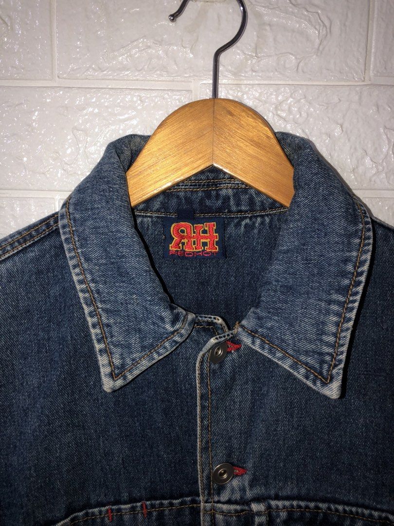 Red Hot y2k Denim Jacket (Category: Coats, Jackets and Outerwear) located in Puerto Princesa. Submitted by vanjagmis (Listing ID 1465849217, Image 3). Description: Red Hot y2k Denim Jacket ♻️SIZE: Small/Medium ♻️DIMENSION: 19 x 27 ♻️CONDITION: Excellent ♻️ISSUE: None 💸MINE: 300 Only🏷️ 🚨No return and exchange. 🚨Check all the details and pics before purchasing the item. 🚨Color may vary due to lighting. 🚨Manage your expectations since all item