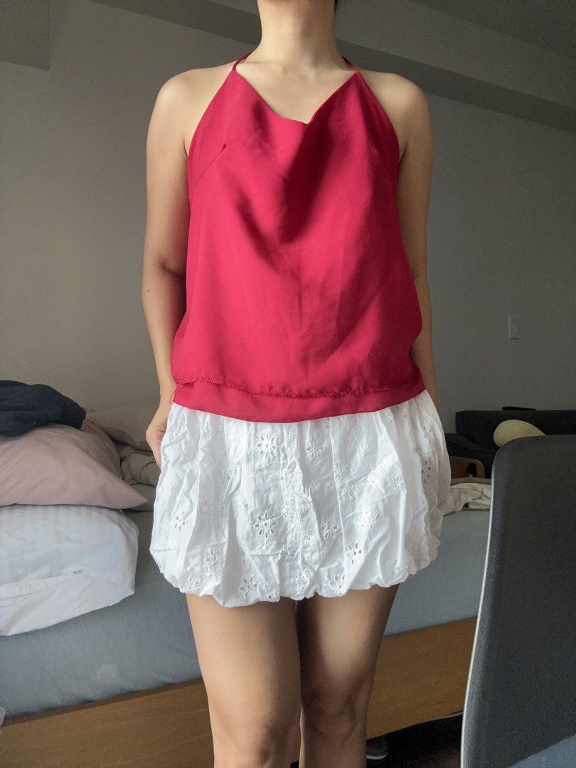 Red Satin Cami Top with Back Straps (Category: Sleeveless) located in Makati City. Submitted by magwayr19 (Listing ID 1465801917, Image 3). Description: - Color: Bright red - Material: Lightweight satin - Design: Cowl front, adjustable criss-cross back straps, flowy layered hem - No brand - Small can fit to medium.