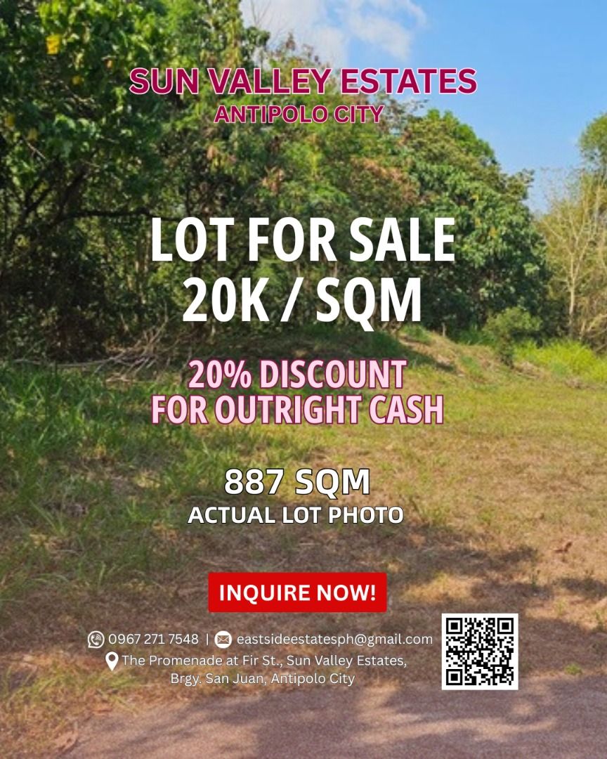 Residential Lot (Category: Lot) located in Antipolo. Submitted by eastside_estatesph (Listing ID 1465846715, Image 1). Description: Looking for a spacious lot surrounded by greenery to build your dream home? Secure this prime lot nearby golf course here in Sun Valley Estates, Antipolo City! 🏌️⛳️🌿 Lot for Sale, 887 sqm 20% Discount for outright cash payments in Sun Valley Estates, Antipolo City. Avail this PROMO while it lasts!! Sun Valley Estat