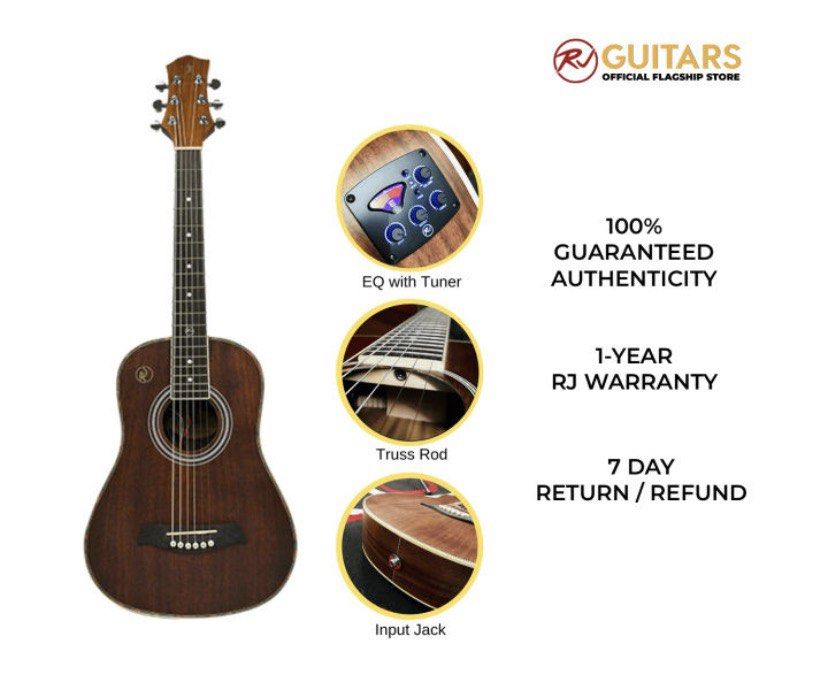 Rj acoustic guitar check description (Category: Musical Instruments) located in Manila. Submitted by chickenoodlesoup8 (Listing ID 1465928819, Image 1). Description: 📍Q.C issues: 1 tuning peg cracked (but can be replaced) There is a scratch on lower body but can be painted over Overall , still in good tune & shape.