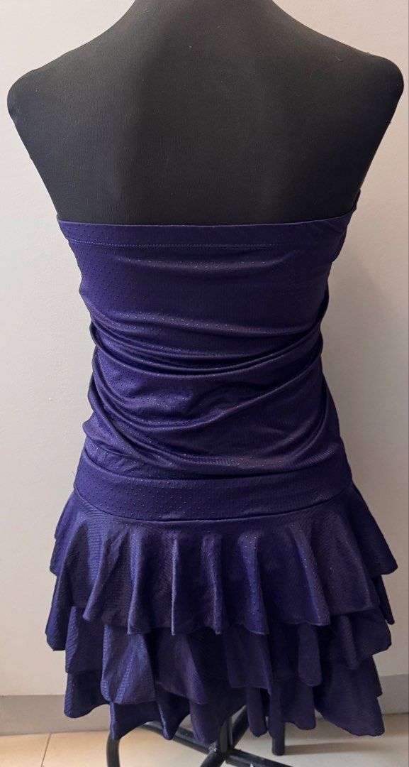 Ruffle Swimdress (Category: Dresses) located in Dasmarinas. Submitted by pixiesell (Listing ID 1465781331, Image 2). Description: Purple Dress -- with removable halter strap. Design: Textured dotted fabric with a multi-layered ruffled skirt and front tie bow Size: Small Never worn..