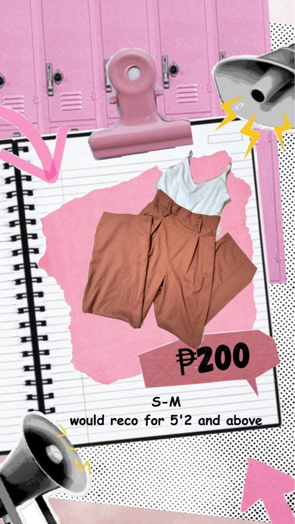 Rust Pants and White Top Set S-M (Category: Sets or Coordinates) located in Echague. Submitted by reniellarose (Listing ID 1465854951, Image 1). Description: - Matching outfit set: Rust trousers and white sleeveless top - Size: Fits Small to Medium - Height recommendation: 5'2" and above - Versatile: Great for casual everyday wear or smart-casual looks - Easy to mix and match with other wardrobe pieces - Super affordable and cute combo!.
