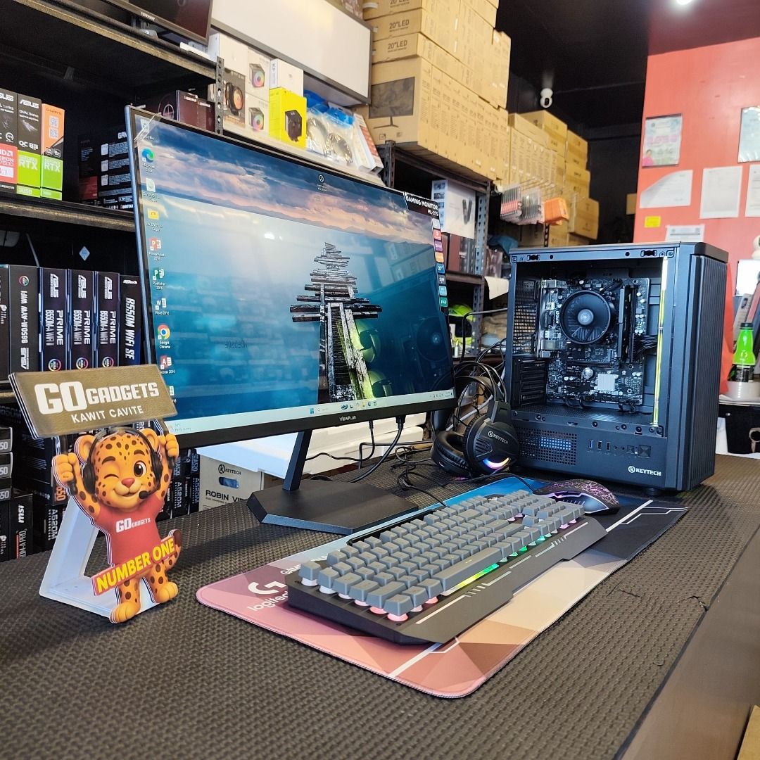 RYZEN 5 5600GT PC SET! (Category: Desktops) located in Cavite. Submitted by jerickher83429 (Listing ID 1465798001, Image 1). Description: - Complete desktop setup ready for gaming or work right out of the box - Keytech PC case with installed motherboard and CPU cooler - Includes a wide monitor for an immersive viewing experience - RGB mechanical keyboard and responsive gaming mouse included - Comfortable gaming headset included - Neat and clean c
