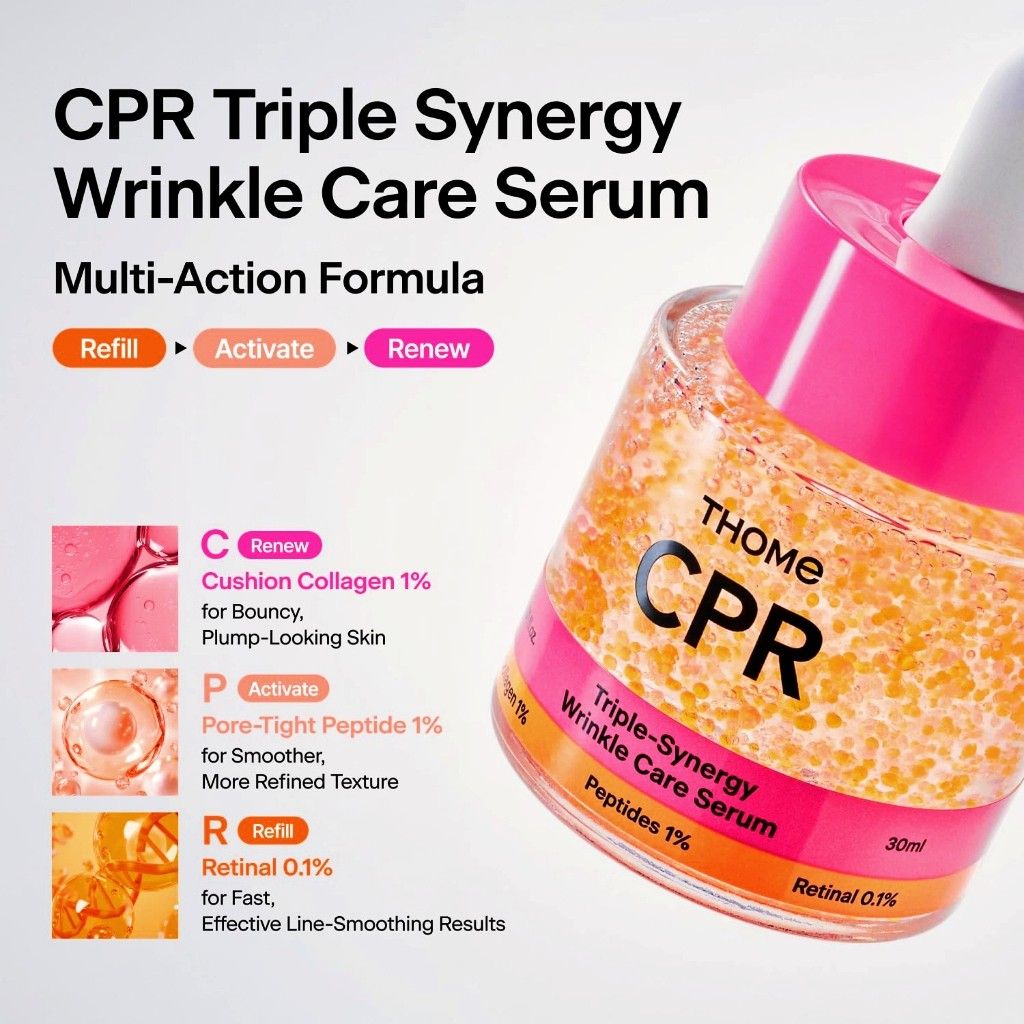 [S KOREA] THOME CPR Triple Synergy Wrinkle Care Serum 30ml (Category: Face Care) located in Singapore. Submitted by nofrillsfactoryoutlet (Listing ID 1465796668, Image 8). Description: 100% Authentic and Brand New Sealed. Direct import from Seoul, South Korea ! ⭐Brand : THOME ⭐Type : CPR Triple Synergy Wrinkle Care Serum 30ml ⭐Meet Up: Kadaloor LRT / Punggol MRT ⭐Postage : Smartpac to letterbox Thome CPR Triple-Synergy Wrinkle Care Serum is an ad