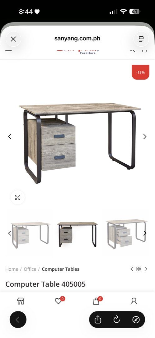 Sanyang Computer Table 405005 with Drawers (Category: Tables & Sets) located in Manila. Submitted by oliverlloyd30 (Listing ID 1465762919, Image 1). Description: - Brand/Model: Sanyang Computer Table (405005) - Design: Wooden finish top and drawers with a durable black metal frame - Storage: Two convenient built-in pullout drawers on the left side - Workspace: Spacious surface ideal for monitors, keyboards, and accessories - Versatility: Sturdy a
