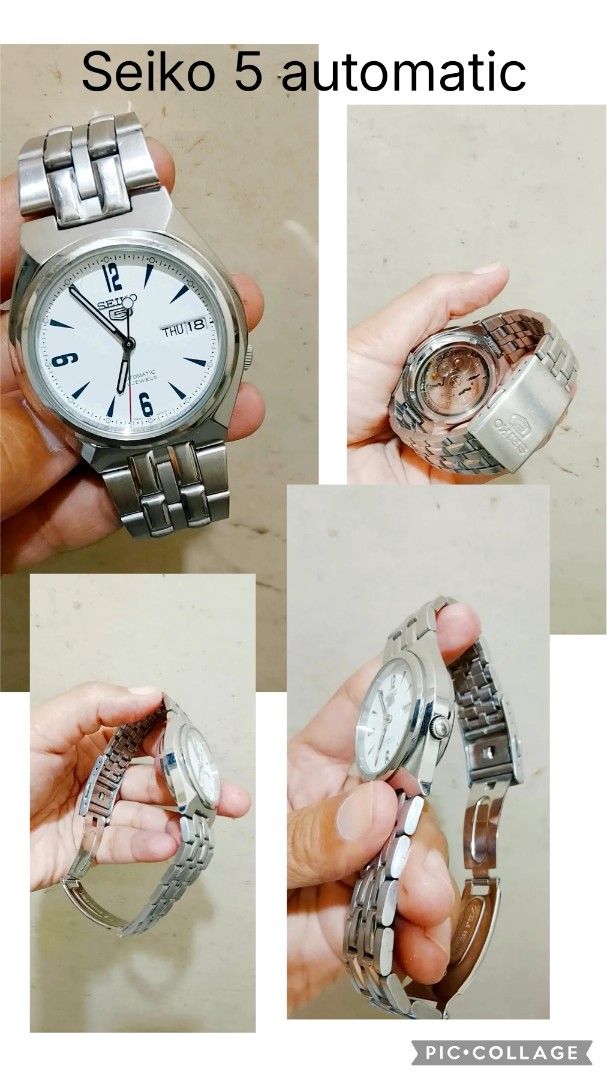Seiko 5 Automatic Watch White Dial Stainless Steel (Category: Men's Watches) located in Valenzuela. Submitted by beth45.phoenix (Listing ID 1465863087, Image 1). Description: - Brand/Model: Seiko 5 Automatic Watch - Dial: White dial with bold 6, 9, 12 numbers and day-date display at 3 o'clock - Case & Bracelet: Stainless steel with deployment clasp and standard crown at 4 o'clock - Movement: Mechanical automatic movement with exhibition case back