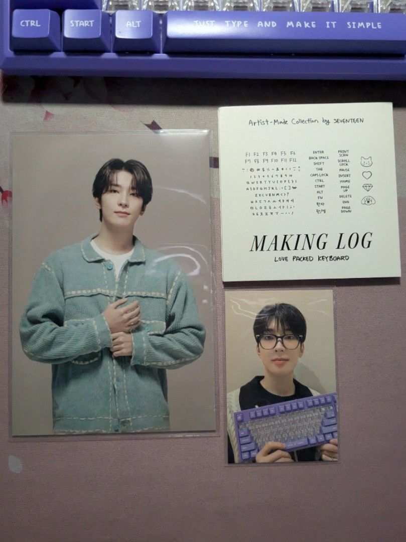 SEVENTEEN AMC Wonwoo Photocard Making Log (Category: K-Wave Merchandise) located in Cebu City. Submitted by clemencia.shop (Listing ID 1465807280, Image 1). Description: Official SEVENTEEN Wonwoo Artist-Made Collection (AMC) set including the Making Log booklet, postcard, and purple keyboard photocard. willing to give freebies from The Face Shop 4cut postcard 💜 wts lfb svt carats wonwoo.