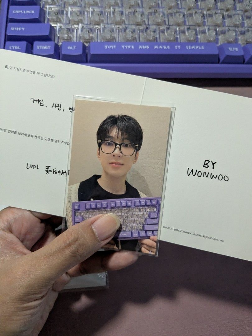 SEVENTEEN AMC Wonwoo Photocard Making Log (Category: K-Wave Merchandise) located in Cebu City. Submitted by clemencia.shop (Listing ID 1465807280, Image 2). Description: Official SEVENTEEN Wonwoo Artist-Made Collection (AMC) set including the Making Log booklet, postcard, and purple keyboard photocard. willing to give freebies from The Face Shop 4cut postcard 💜 wts lfb svt carats wonwoo.