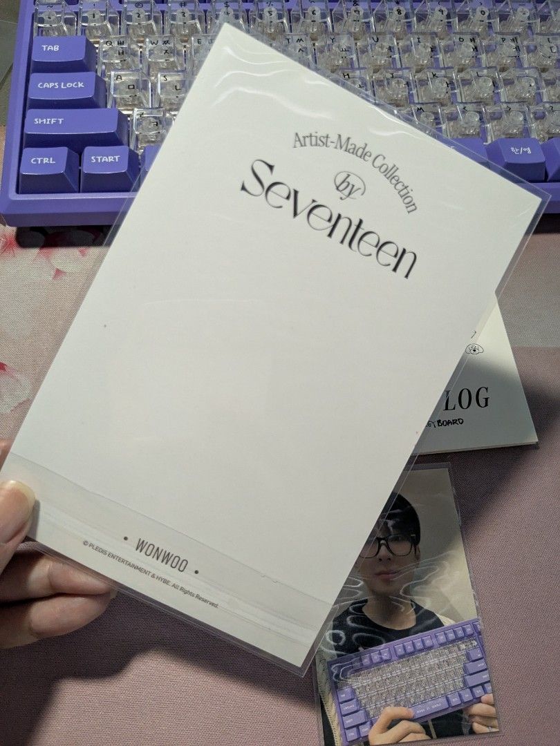 SEVENTEEN AMC Wonwoo Photocard Making Log (Category: K-Wave Merchandise) located in Cebu City. Submitted by clemencia.shop (Listing ID 1465807280, Image 3). Description: Official SEVENTEEN Wonwoo Artist-Made Collection (AMC) set including the Making Log booklet, postcard, and purple keyboard photocard. willing to give freebies from The Face Shop 4cut postcard 💜 wts lfb svt carats wonwoo.