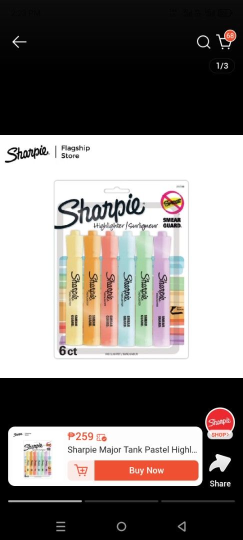 Sharpie Major Tank Pastel Highlighter 6ct Assorted Colors (Category: Stationery & School Supplies) located in Taguig. Submitted by joeeey23 (Listing ID 1465817197, Image 3). Description: - Authentic Sharpie Highlighter Set - 6 assorted aesthetic pastel colors - Versatile chisel tip for wide and fine lines - Smear guard ink technology (won't smudge pen ink) - Quick-drying and AP certified - Brand new in original unopened packaging.