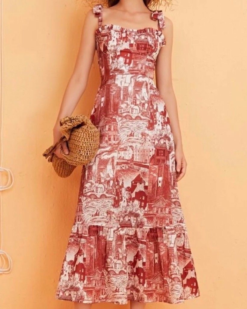 Shein Brown Midi Dress (Category: Dresses) located in Cebu City. Submitted by kitty_12345_ (Listing ID 1465911827, Image 1). Description: - Brand: Shein - Size: Small (S) - Design: Brown and white toile de jouy village print - Details: Square neckline, self-tie shoulder straps, ruffled trim - Fit: Fitted bodice with side zipper closure, flared tiered skirt MOP: gcash, mari, maya, gotyme MOD: Lbc, maxim Meetup: Parkmall.